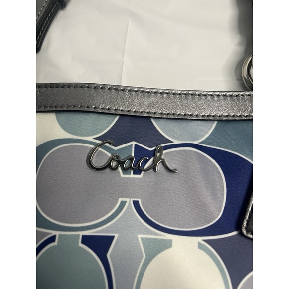 Coach Signature Op Art Scarf Print Blue Sateen Gallery Tote Handbag - Picture 11 of 12